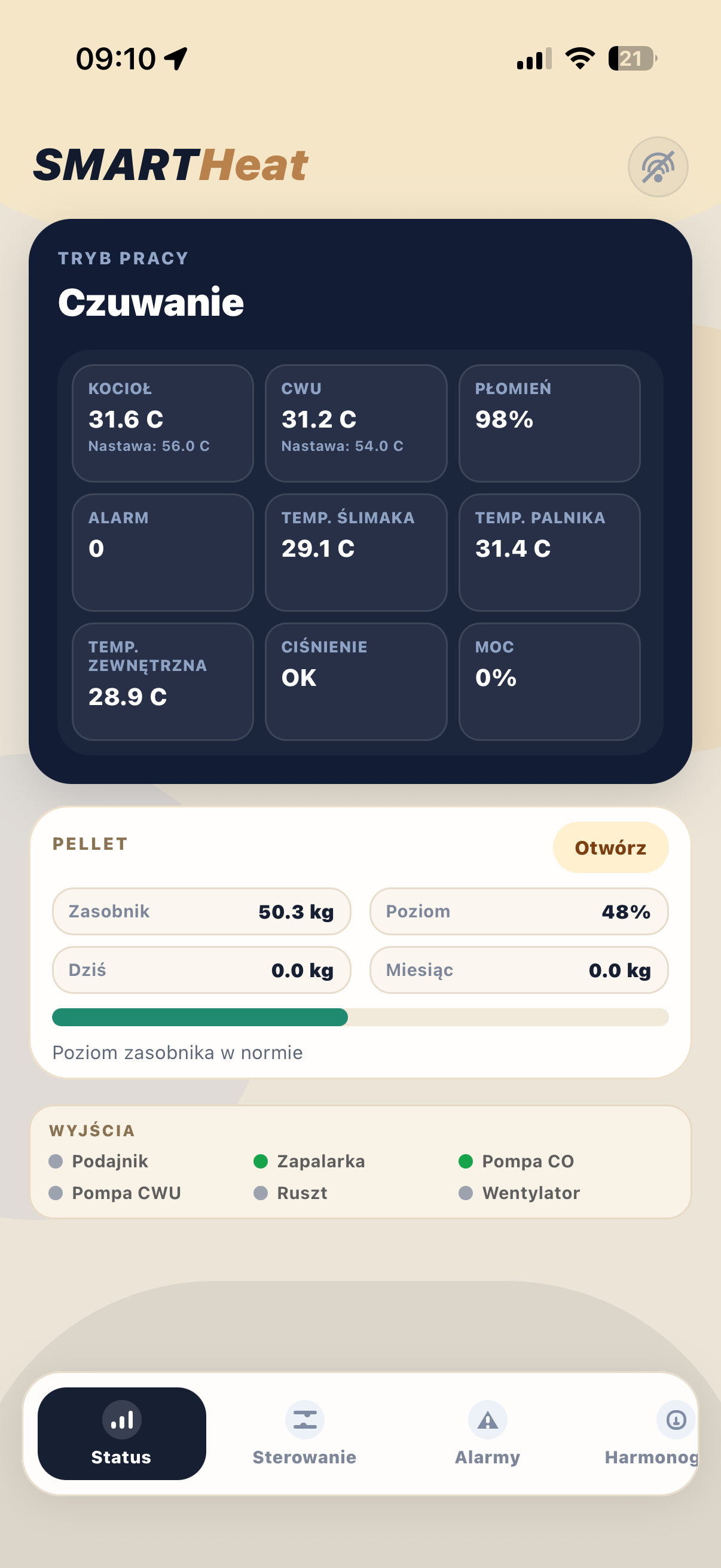 SmartHeat - ekran statusu w aplikacji mobilnej